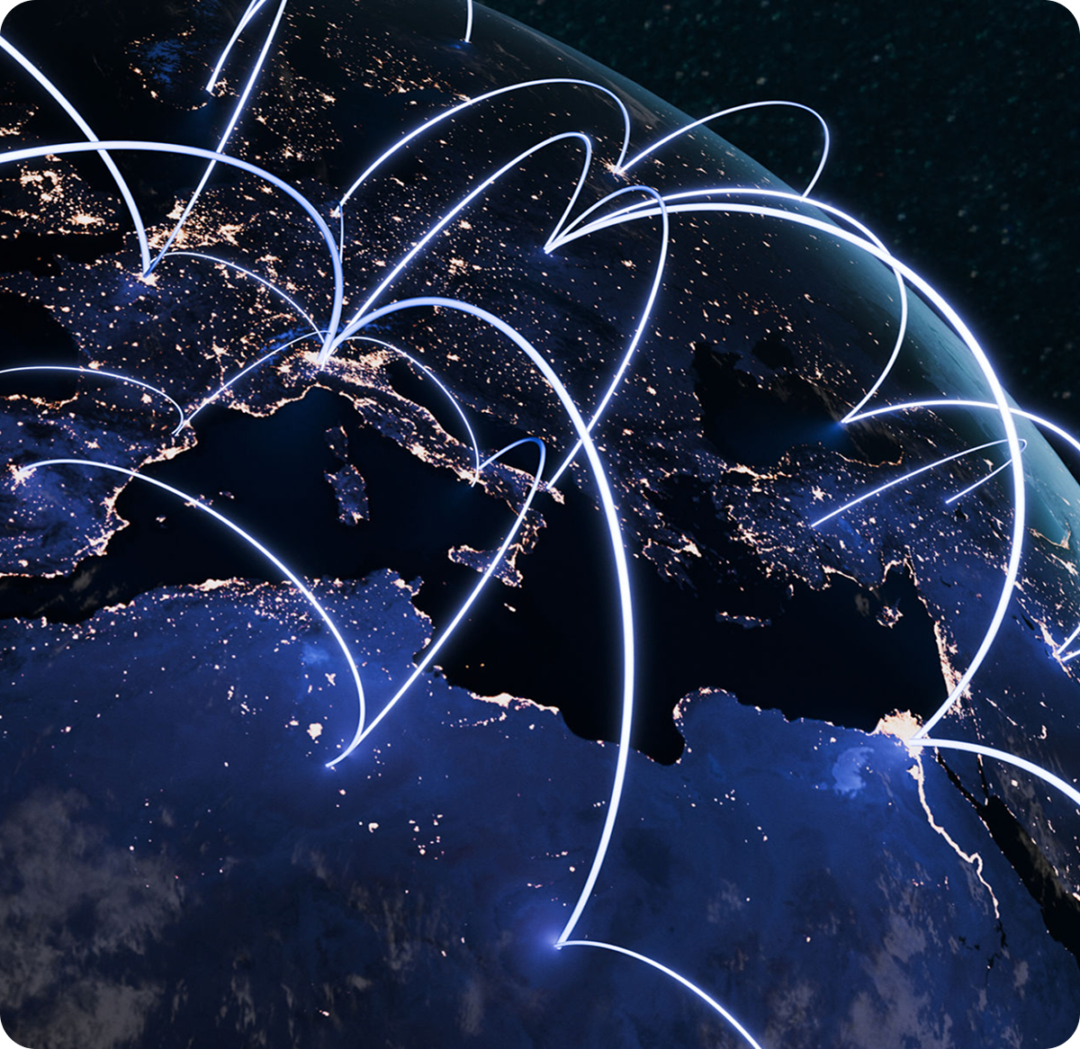Glowing network lines over Earth's nighttime view.