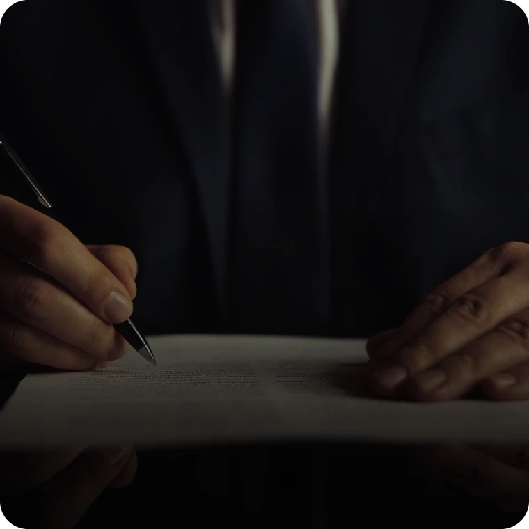 Person signing a document with pen.